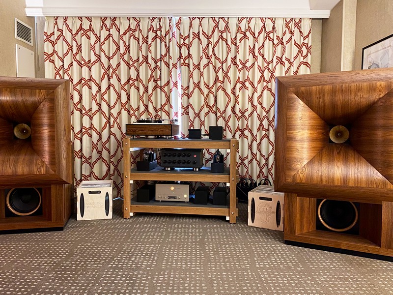 EMIA Audio, Semrad Audio Speakers, front loaded horns, vinyl record player, record rack, record bins